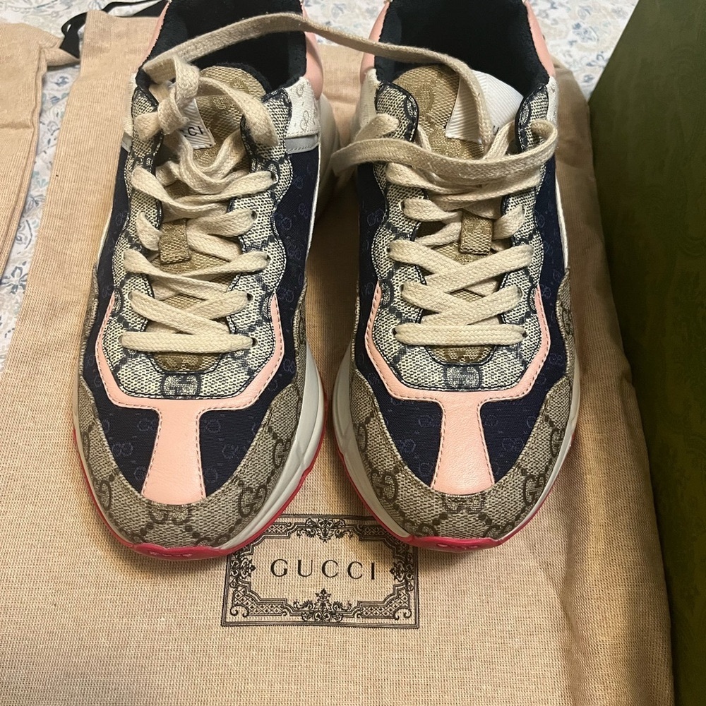 Gucci Beige Monogram & Navy Sneakers with Pink Accents